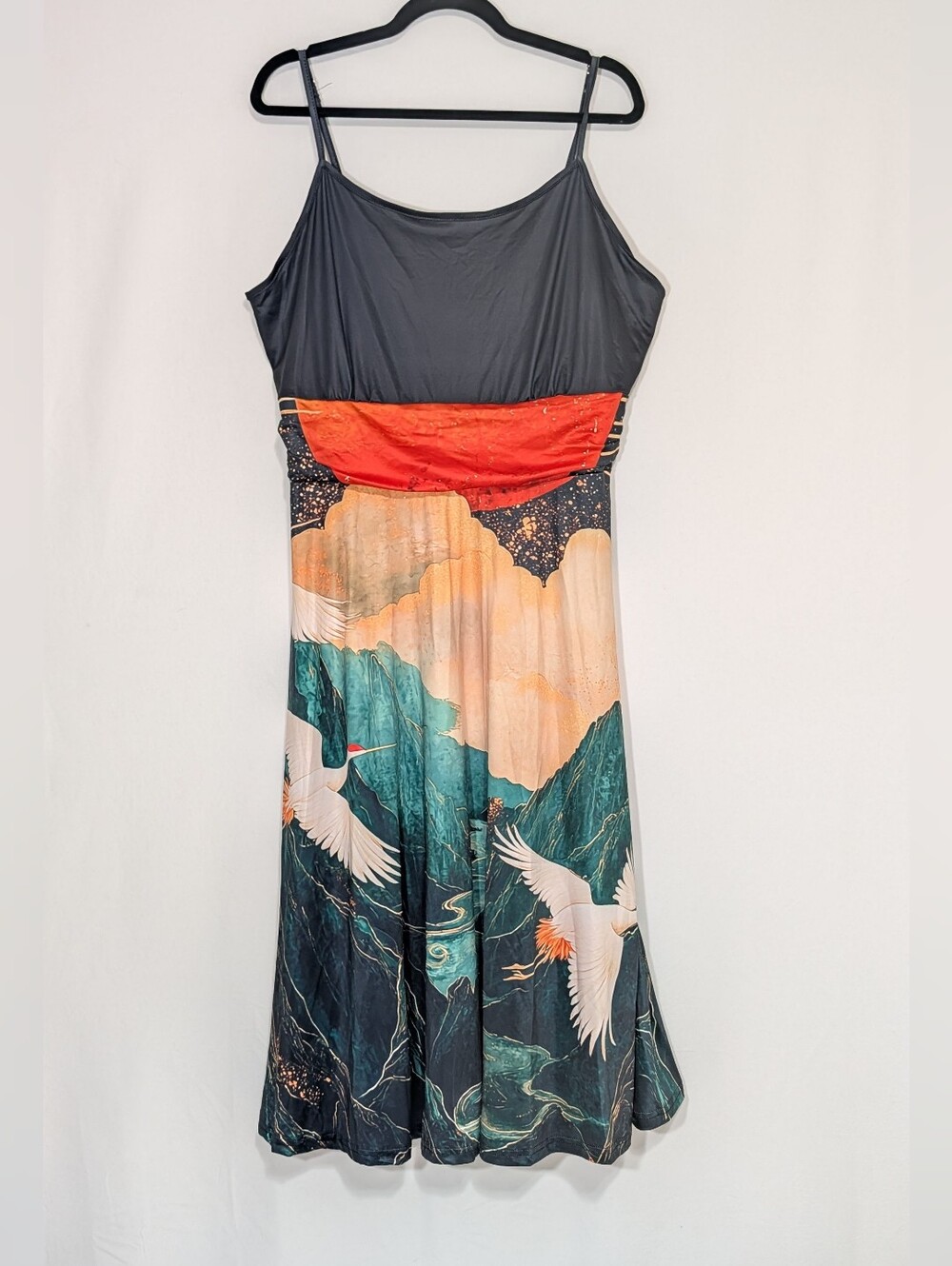 Women’s XL Crane Mountain Print Midi Dress Spaghetti Strap Asian Inspired